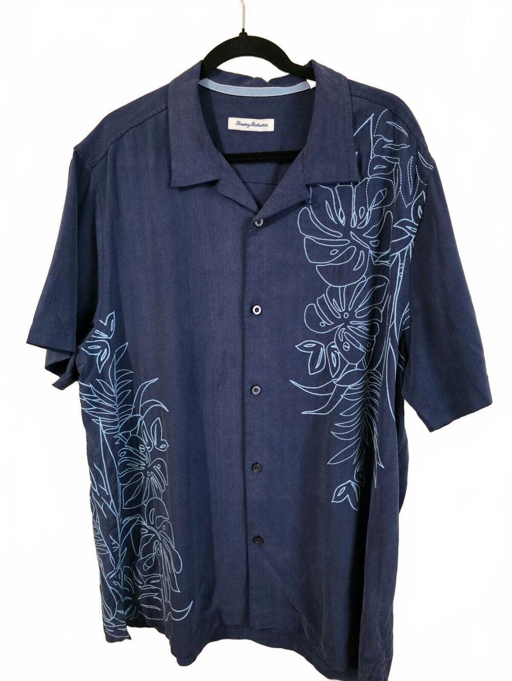 Tommy Bahama Men's Navy Blue Tropical Print Button-Up Shirt 100% Silk, Size XL